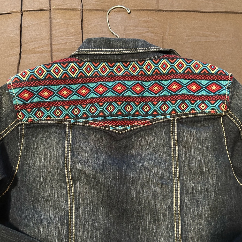 Denim Jacket with Colorful Patterned Back - Picture 2 of 7